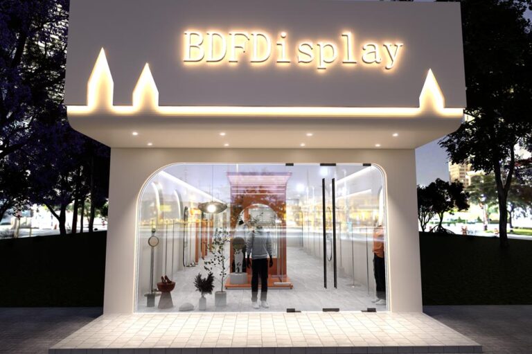 Modern fashion apparel store front facade with glass window and brand signage