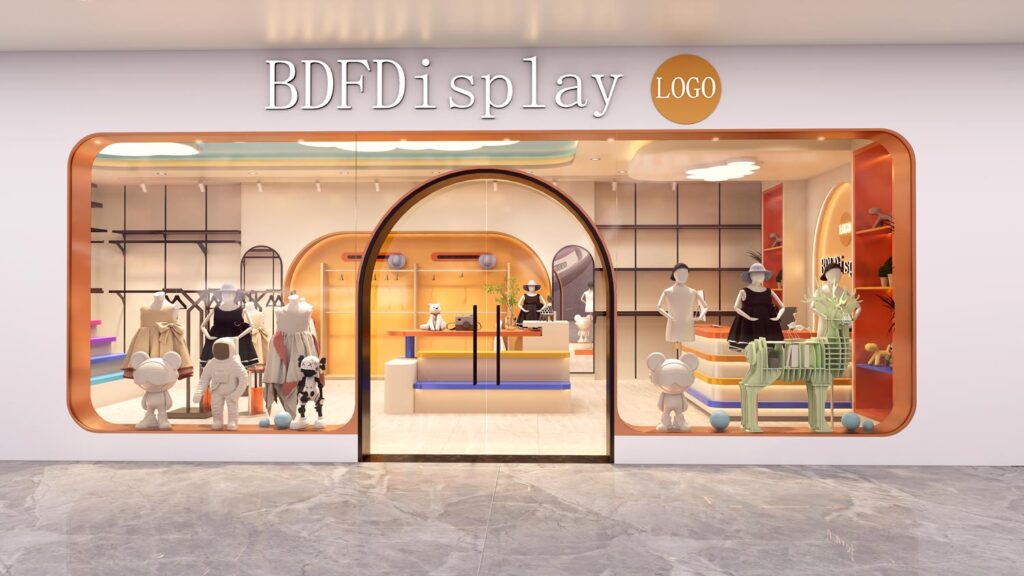 Modern lovely kids clothing store front facade and glass window decoration design