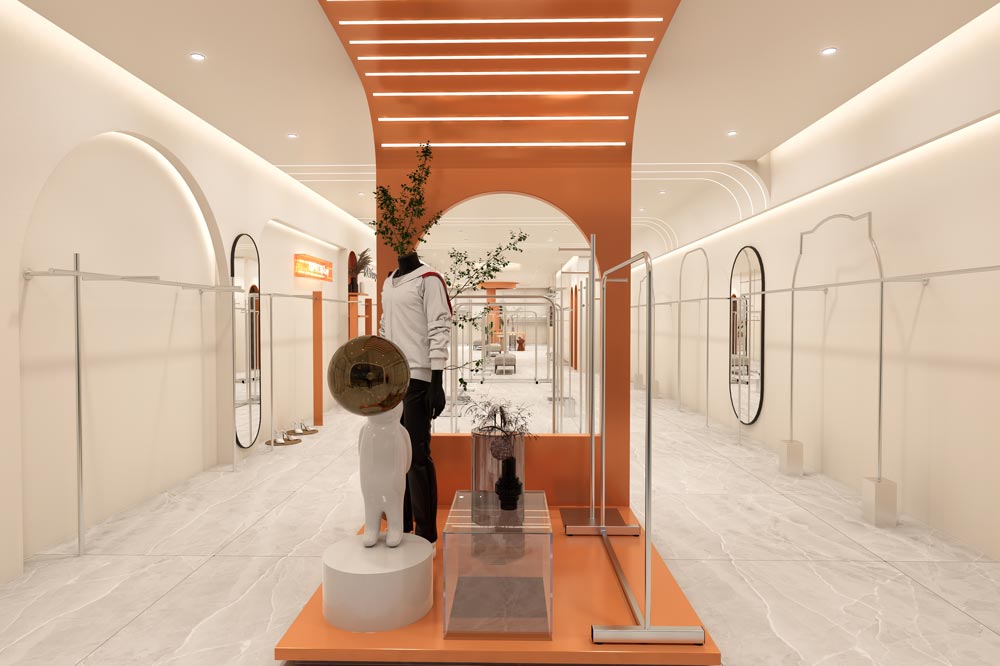 Fashion store entrance display area with mannequins and custom display stands