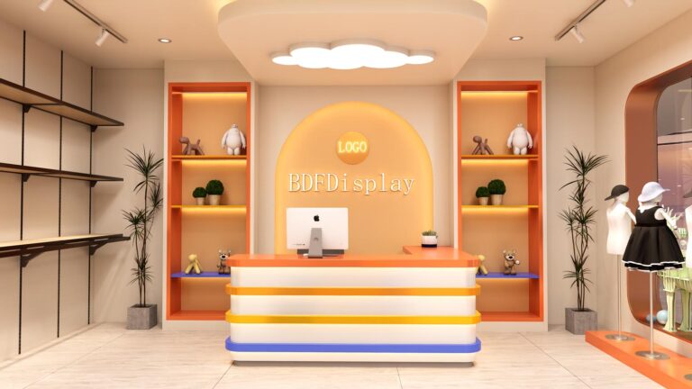 Kids clothing store cashier counter area design with free whole shop 3D rendering service