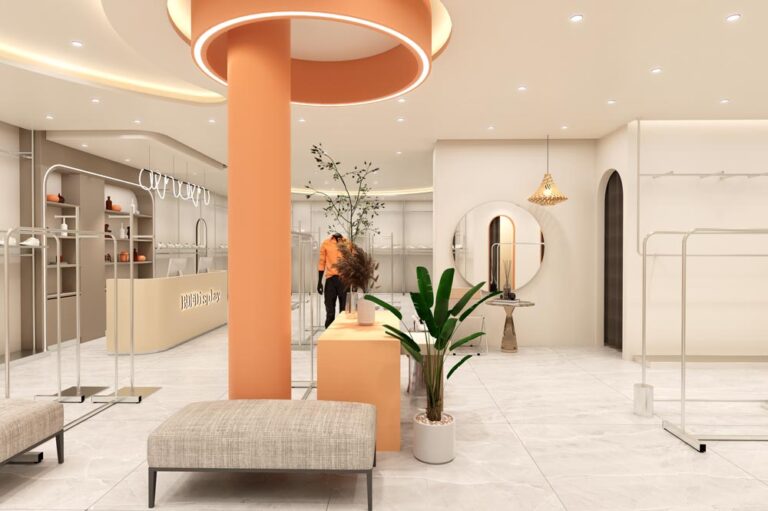 Fashion store central pillar area design with display tables and retail furniture