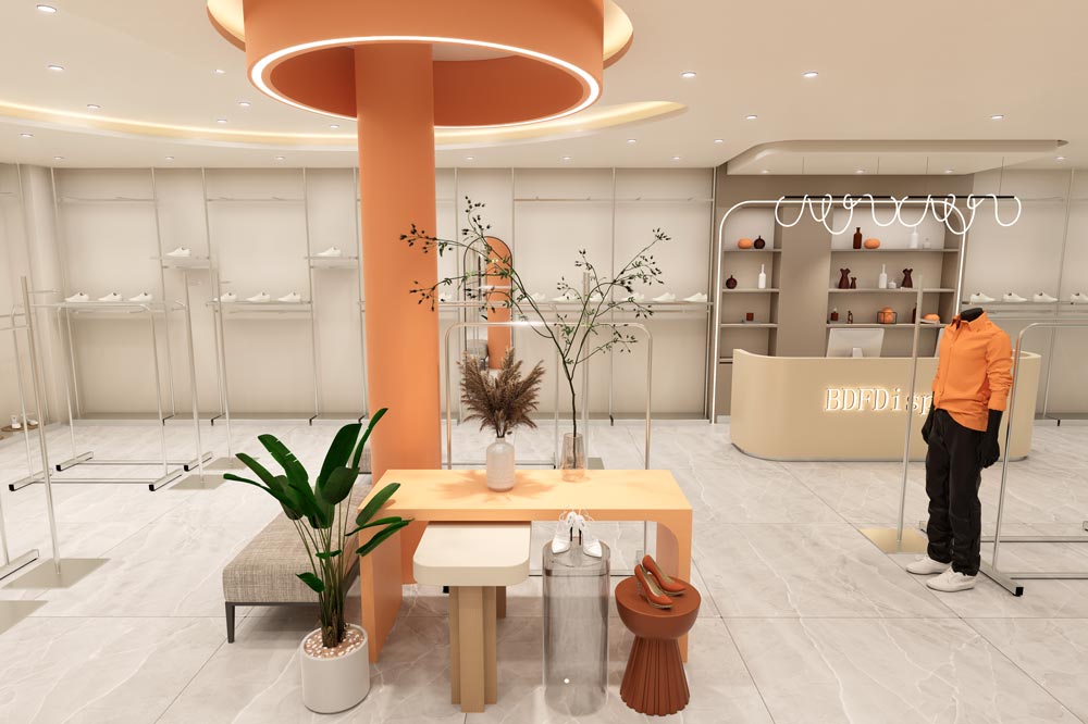 Clothing store wall display area with metal clothing racks and shoe display shelves