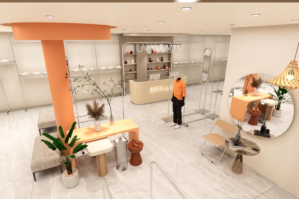 Fashion store cashier and rest area design with modern retail furniture