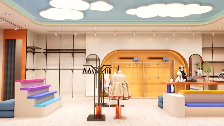 Fashion kids mannequins display area inside modern children clothing store