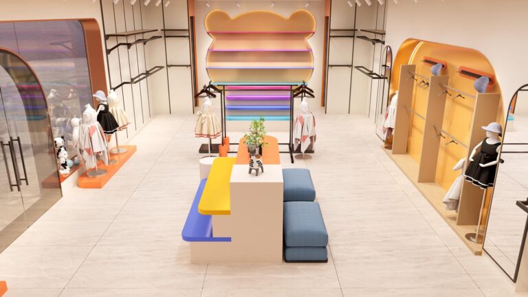 Lovely kids clothing store entrance interior design with beautiful wall display fixtures