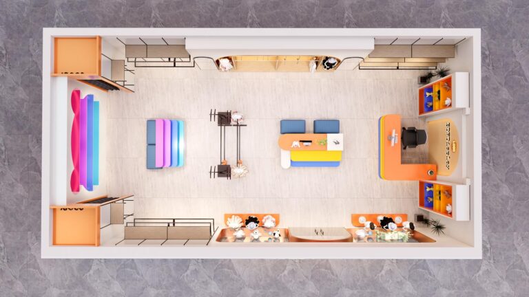 3D top view layout of cute kids clothing store, free children apparel shop interior design service