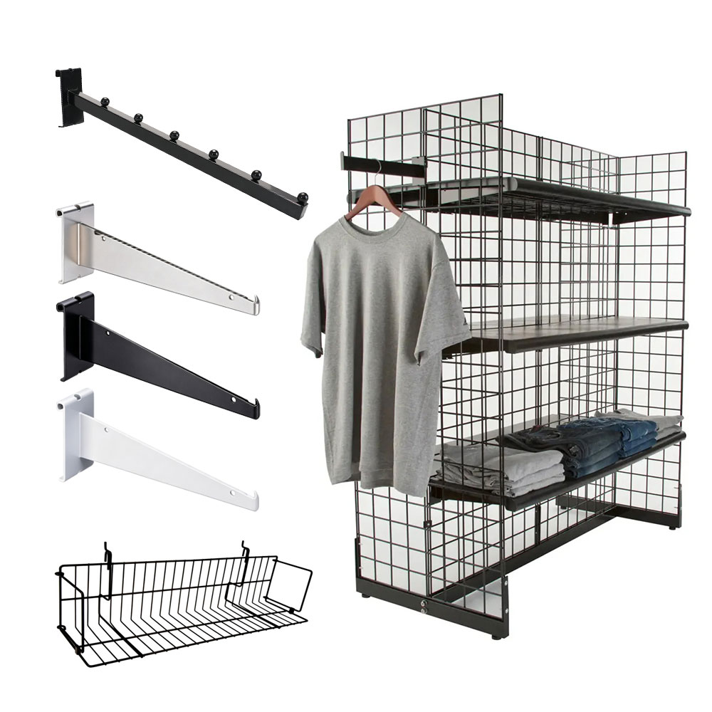 Wholesale gridwall panels and accessories, complete retail display system with Slatgrid, hooks, shelves and kits for all retail environments