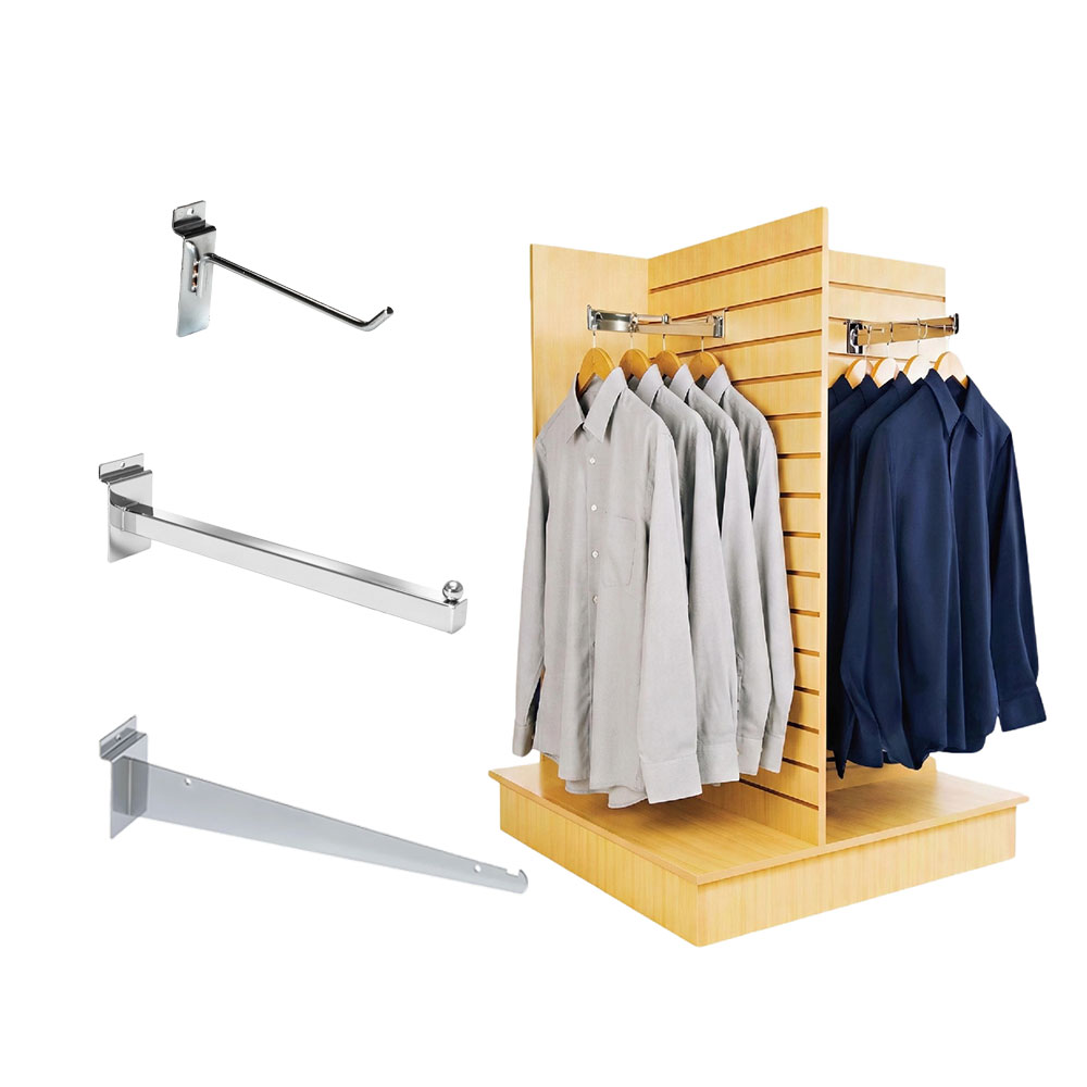 Custom slatwall display system accessories wholesale, heavy-duty slatwall panels, hooks, shelves and garment faceouts for fashion and athletic retail stores