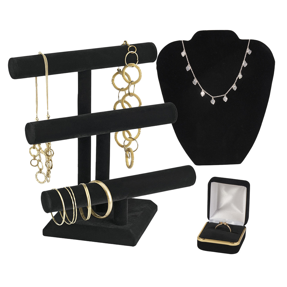 Elegant countertop retail jewelry showcases and velvet-lined luxury display risers