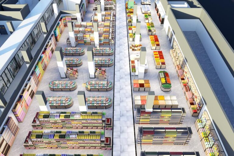 1500㎡ lifestyle supermarket floor plan with functional zone division