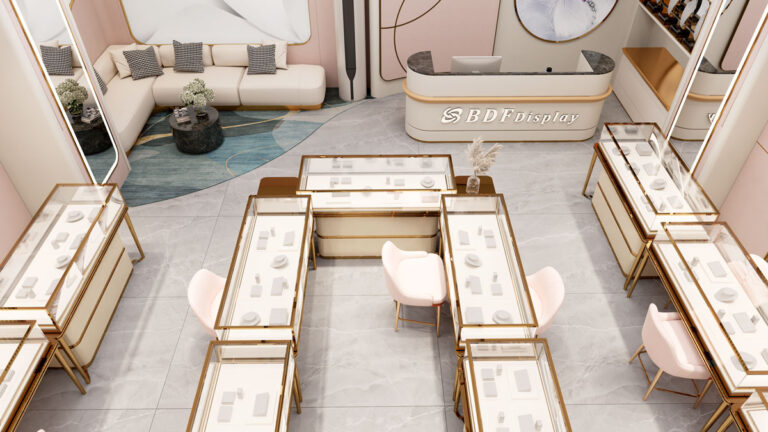 Smooth and wide aisle layout for luxury jewelry boutique shopping experience