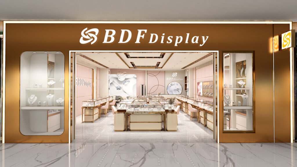 Full interior view of elegant luxury jewelry retail boutique