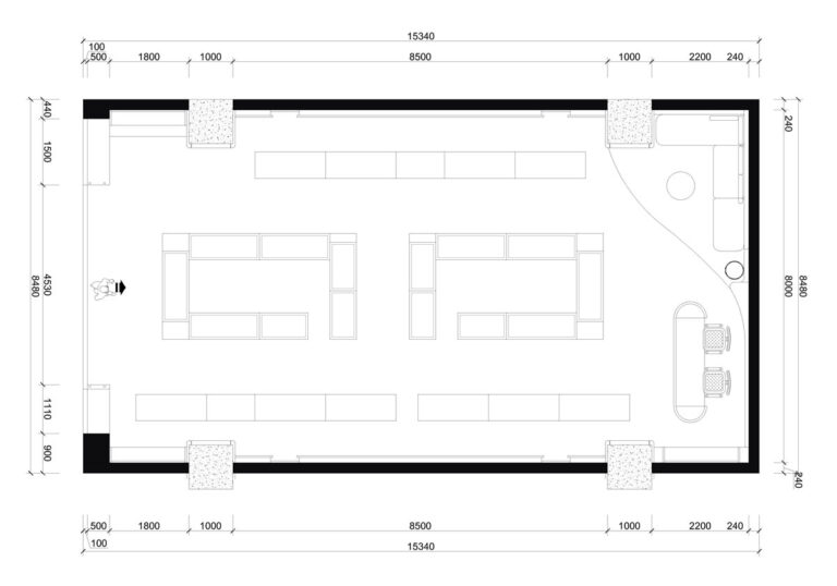 3D top view layout of luxury jewelry boutique, free high-end retail store interior design
