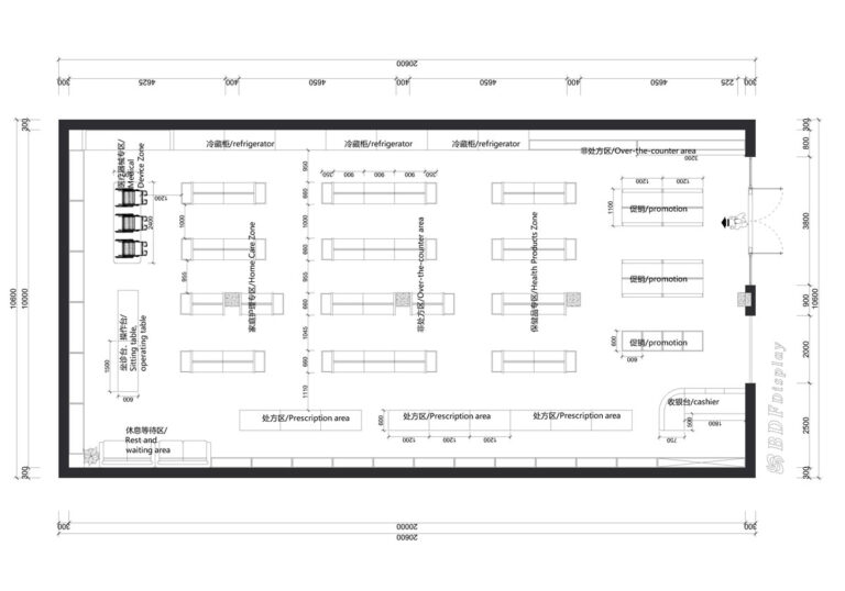 3D top view layout of modern pharmacy store, free medical retail shop interior design