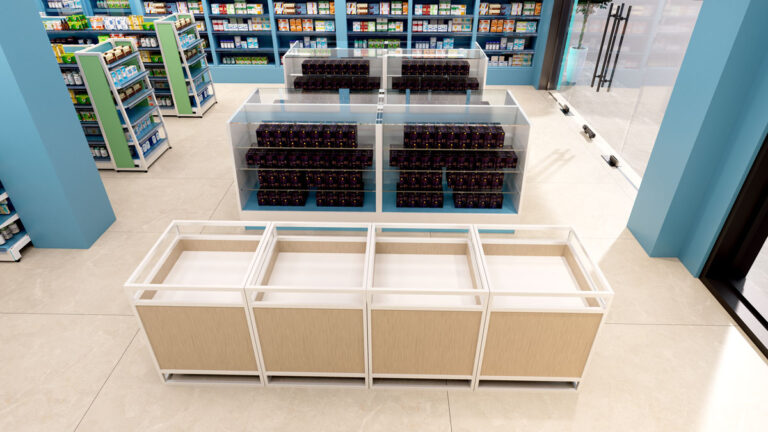 Clean modern pharmacy store entrance interior design with standard display fixtures