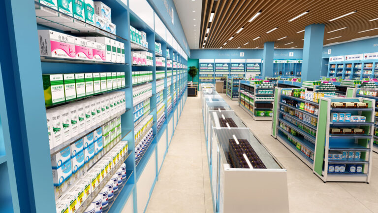 Wall mounted medical shelving system for pharmacy drug and healthcare product display