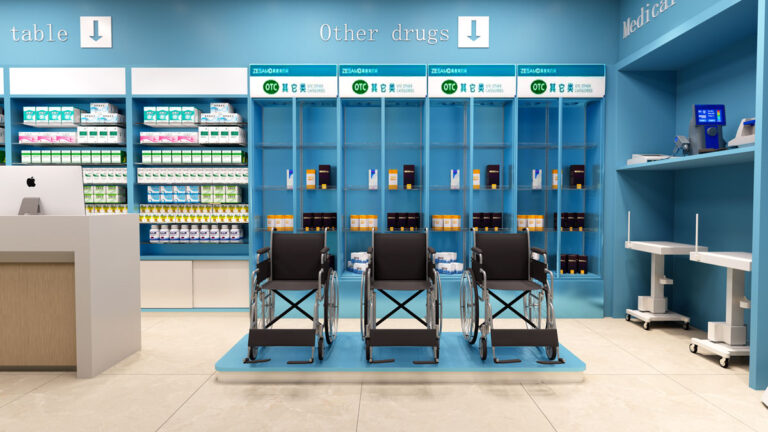 Central multi-tier display shelves for daily medicine retail in pharmacy store