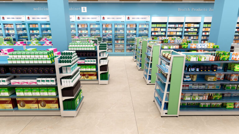 Modern pharmacy checkout counter design with integrated service function