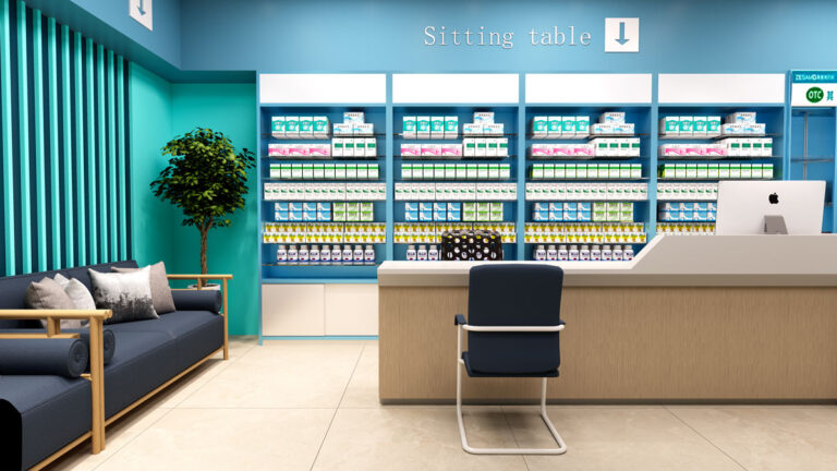 Full interior view of modern minimalist style pharmacy retail store