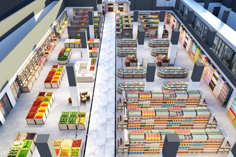 Heavy-duty multi-layer shelving for large grocery store daily goods display