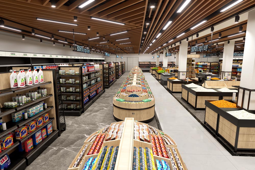 Fresh produce display fixtures for grocery stores