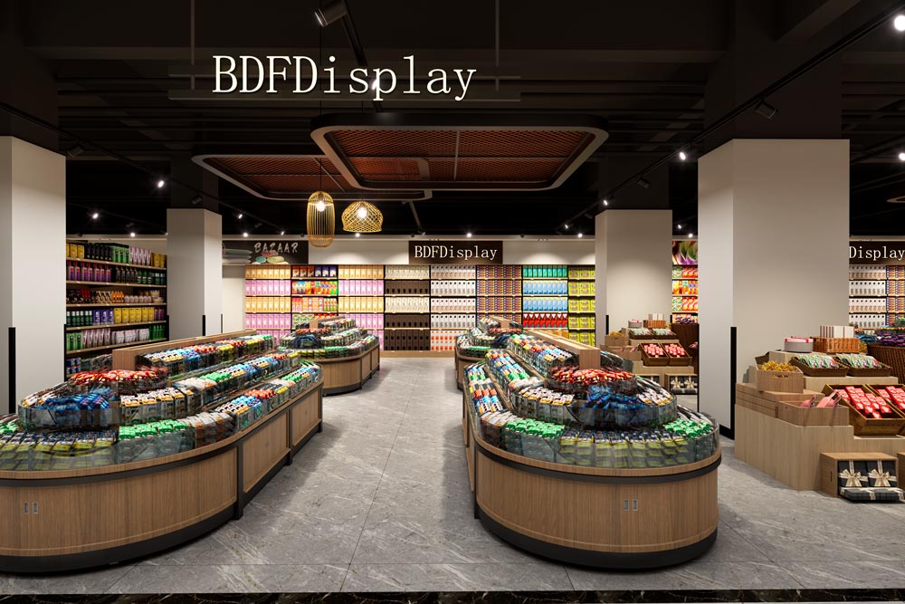 Central promotional display area for hot-selling grocery products