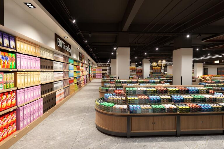 Snack and beverage multi-tier display shelves for large grocery supermarket