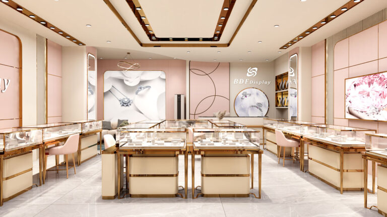 High-end jewelry store entrance interior design with premium brand display