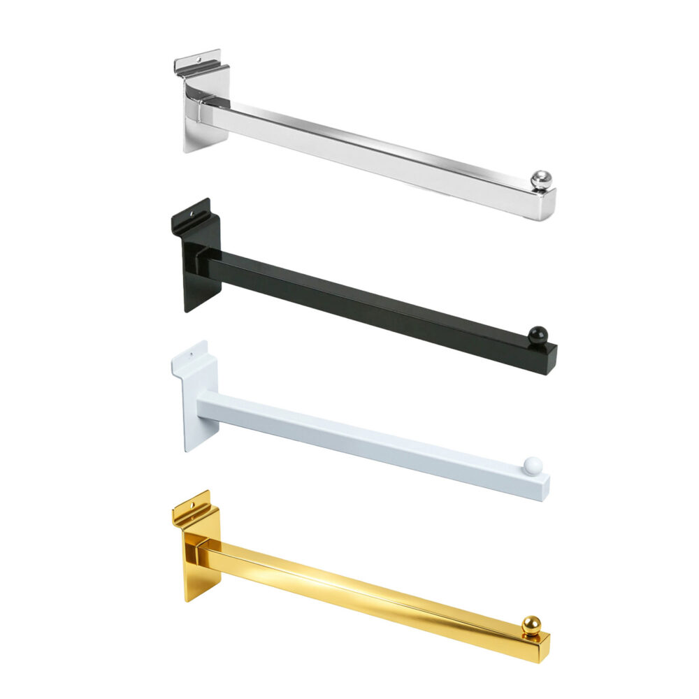 Wholesale 12 inch square tubing slatwall faceouts shown in chrome, matte black, white, and gold finishes