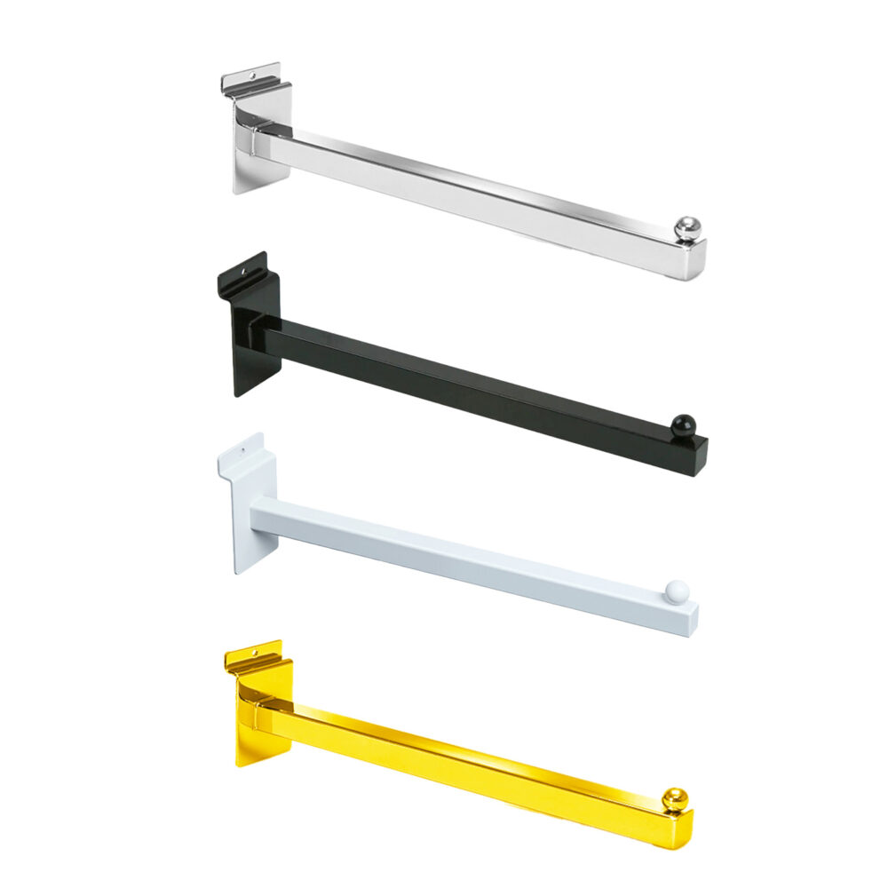 Wholesale 12 inch square tubing slatwall faceouts shown in chrome, matte black, white, and gold finishes