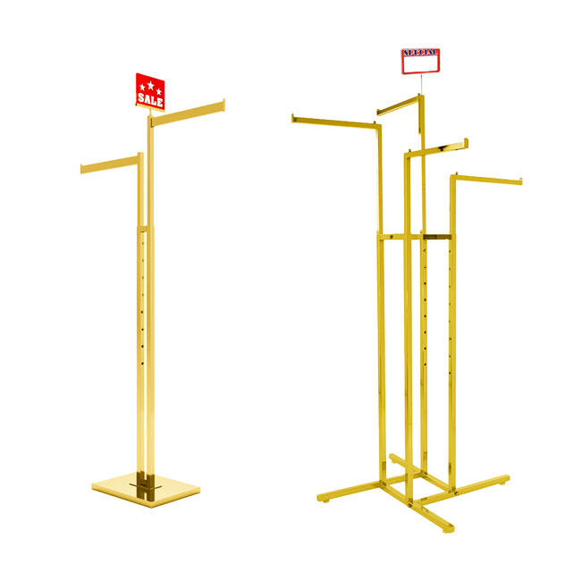 Wholesale 2-way and 4-way retail clothing racks, chrome and matte black finish garment display fixtures for boutiques and chain stores