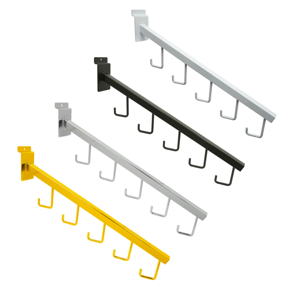 Wholesale 5-hook waterfall square tubing faceouts for slatwall shown in chrome, matte black, white, and gold finishes