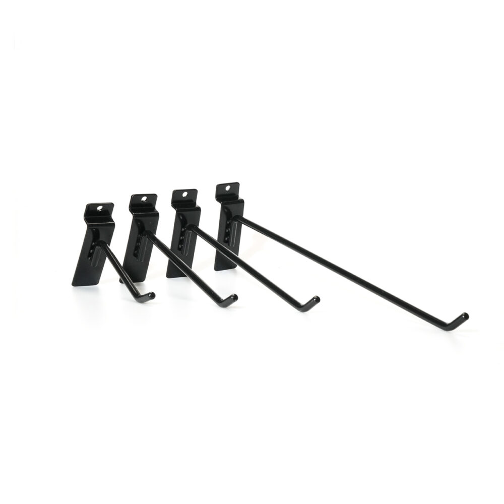 Our BX-002 black slatwall hooks are versatile for any store layout. See how the smaller 1″ and 2″ hooks work for keychains and jewelry packaging, while the 10″ and 12″ extended heavy-duty options can securely hold power tools or hardware accessories