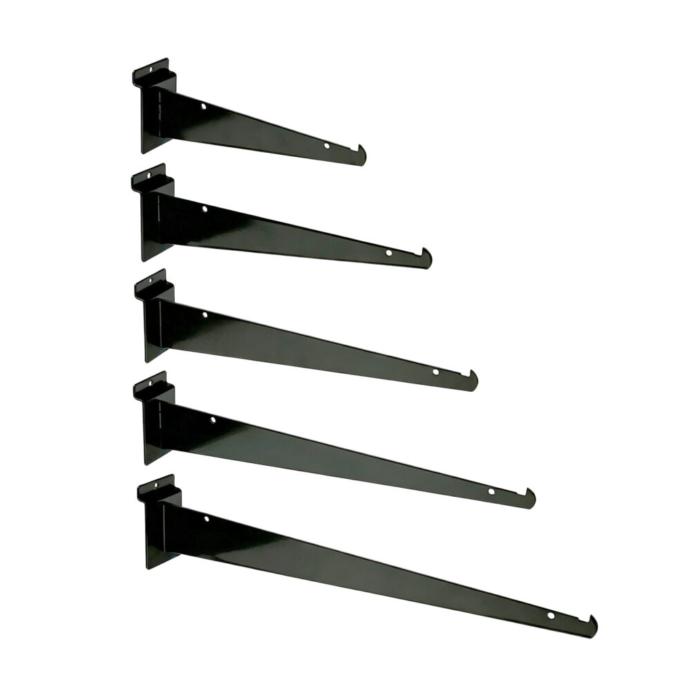 Wholesale black shelf brackets for slatwall shown in 8 inch, 10 inch, 12 inch, 14 inch, and 16 inch size options