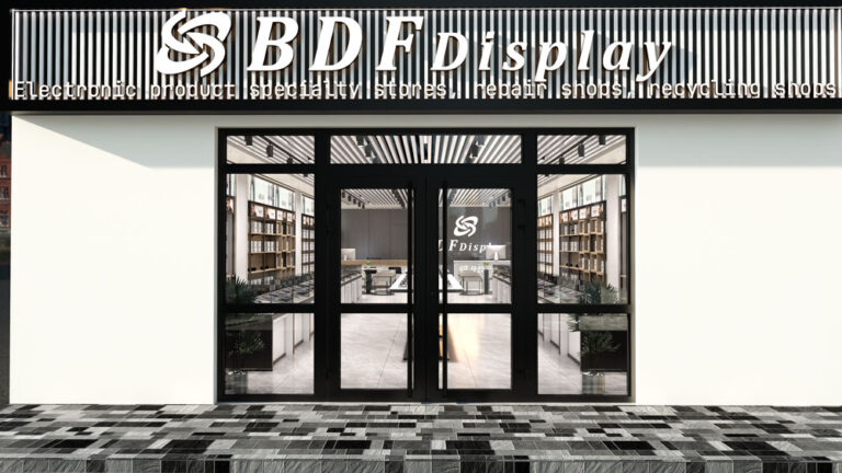 Modern cell phone store front exterior facade with brand sign and display window