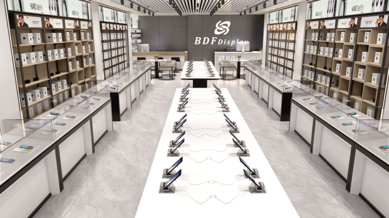 Cell phone store interior panoramic view from entrance with full display layout