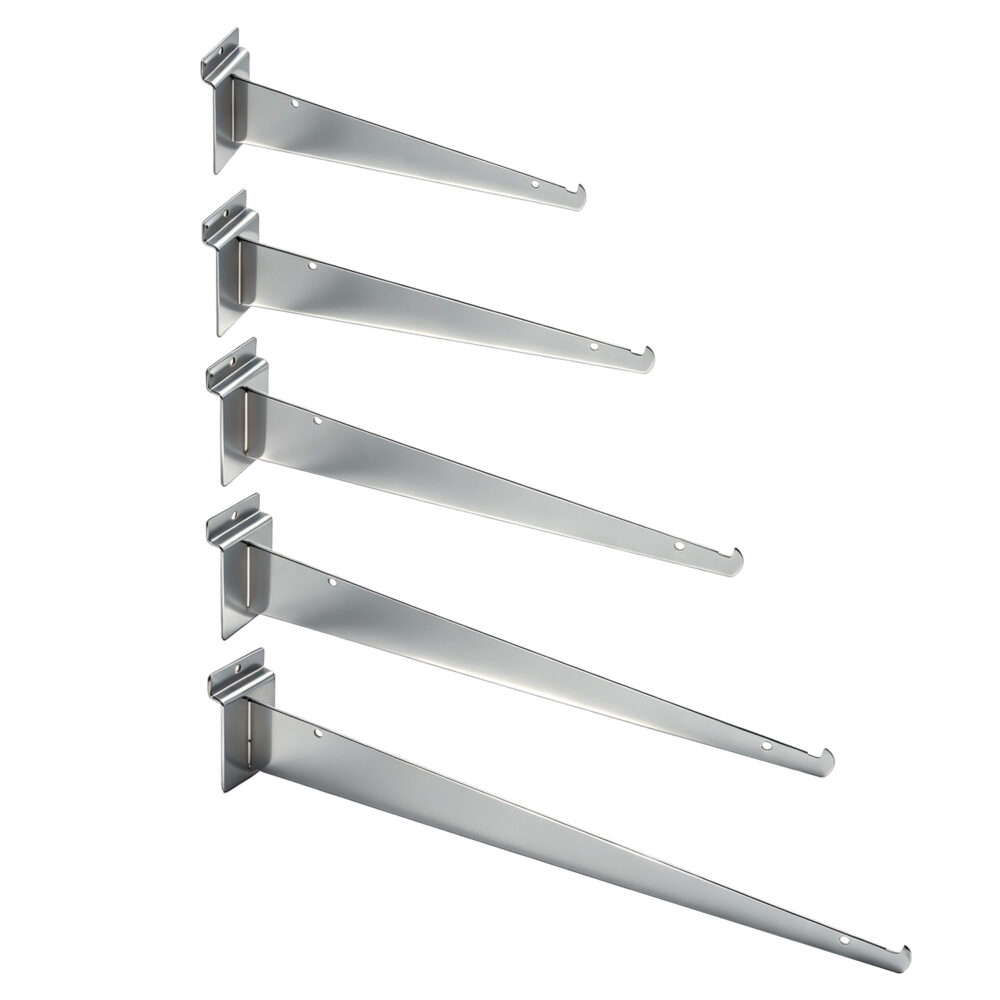 Wholesale chrome shelf brackets for slatwall shown in 8 inch, 10 inch, 12 inch, 14 inch, and 16 inch size options