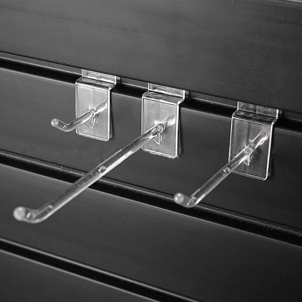 Heavy-duty clear acrylic slatwall hooks and pegboard pegs for retail merchandise hanging display in bulk.