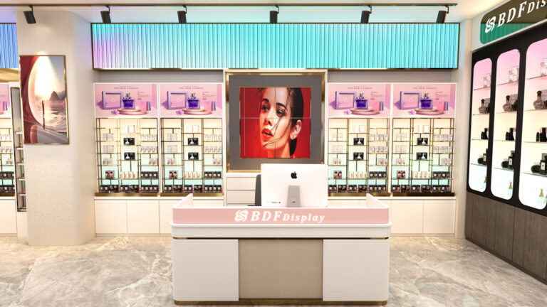 Cosmetic store checkout counter with impulse product display