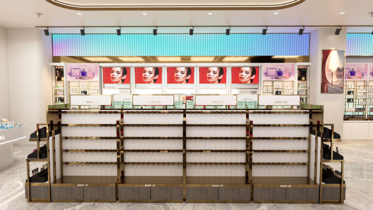 Fragrance display counter with tiered shelves for perfume showcase