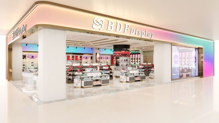 Modern luxury cosmetic store front exterior view, full storefront facade with brand sign and display showcase window for beauty retail