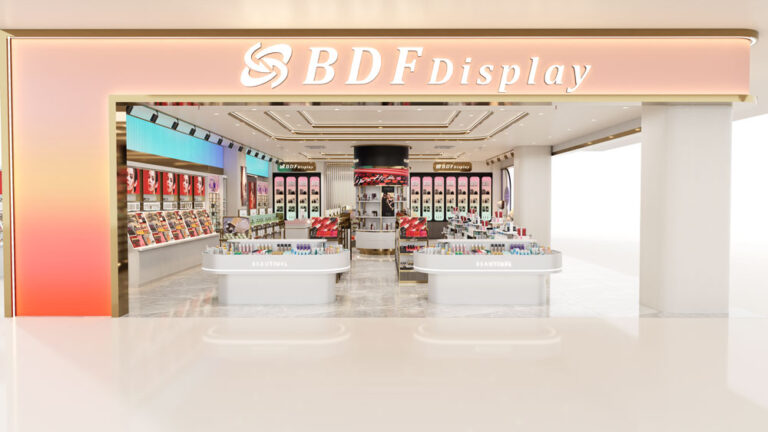 Cosmetic boutique left side exterior view, street-facing side facade with floor-to-ceiling glass display window for beauty merchandise
