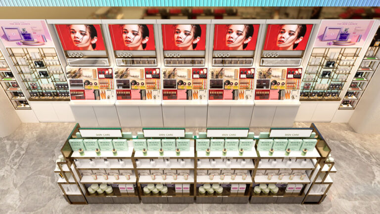 Closeup of cosmetic display shelf with LED lighting and metal details