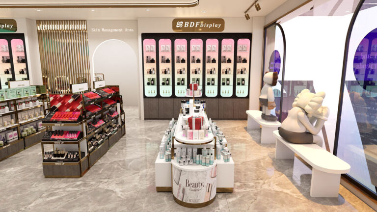 Cosmetic store interior panoramic view from entrance with full display layout