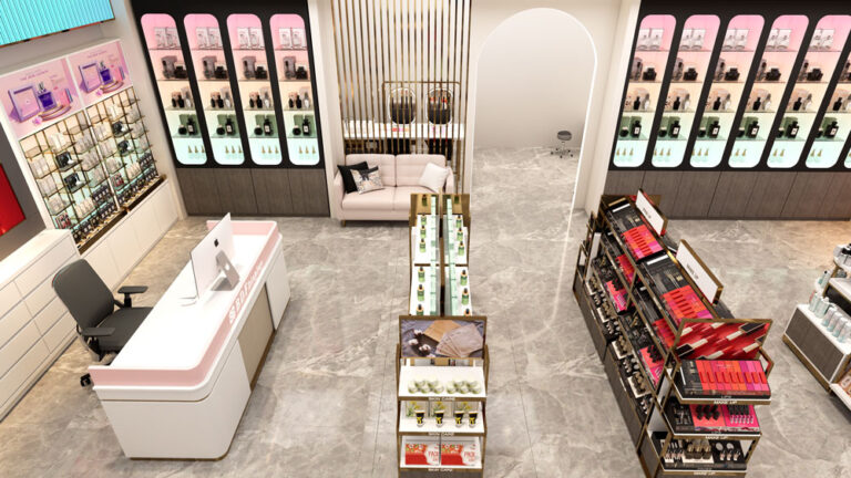 Cosmetic store interior side angle view of full store traffic layout