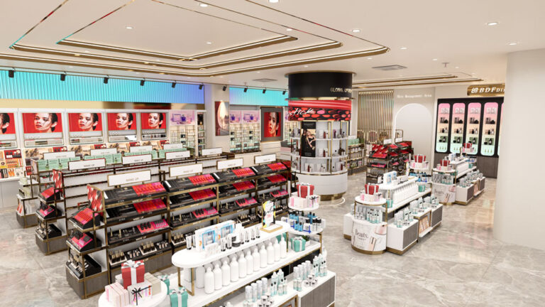 Lipstick display wall with grid compartments for cosmetic showcase