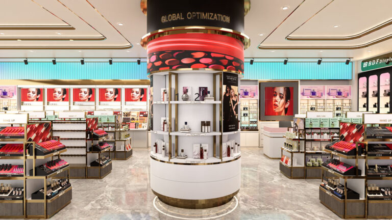 Makeup island display counter for cosmetic product merchandising