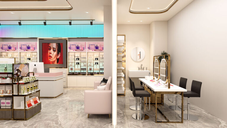 Makeup trial station with mirror and seating for customer experience