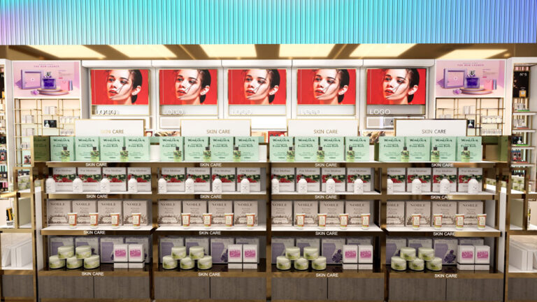 Skincare wall display units with layered shelves for beauty products