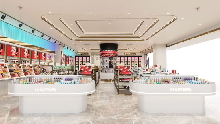 High-end cosmetic store VIP skincare experience corner, private service area with soft lighting and minimalist display fixtures